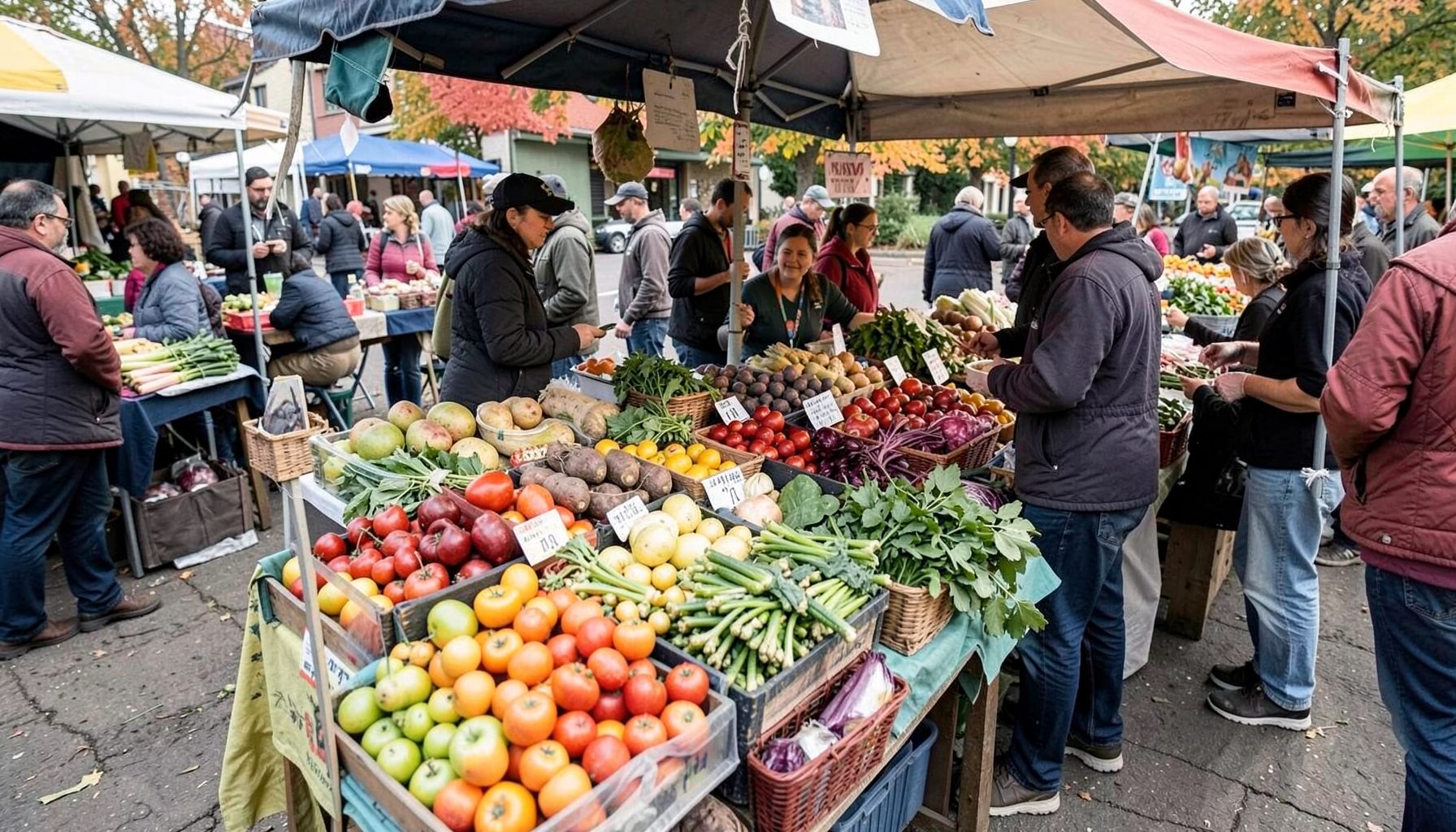 A farmers market stall with fresh produce, vibrant community mood.