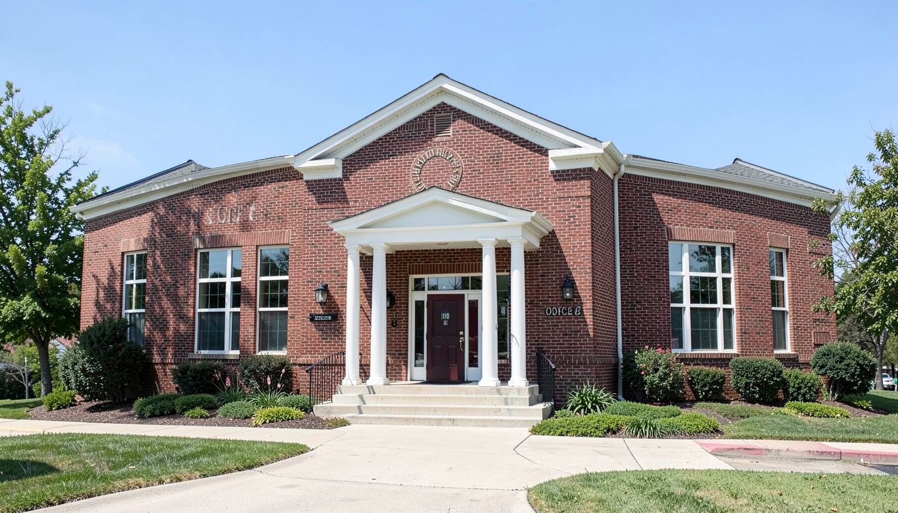 A county sheriff's office building exterior, brick facade, clear day, official government mood.