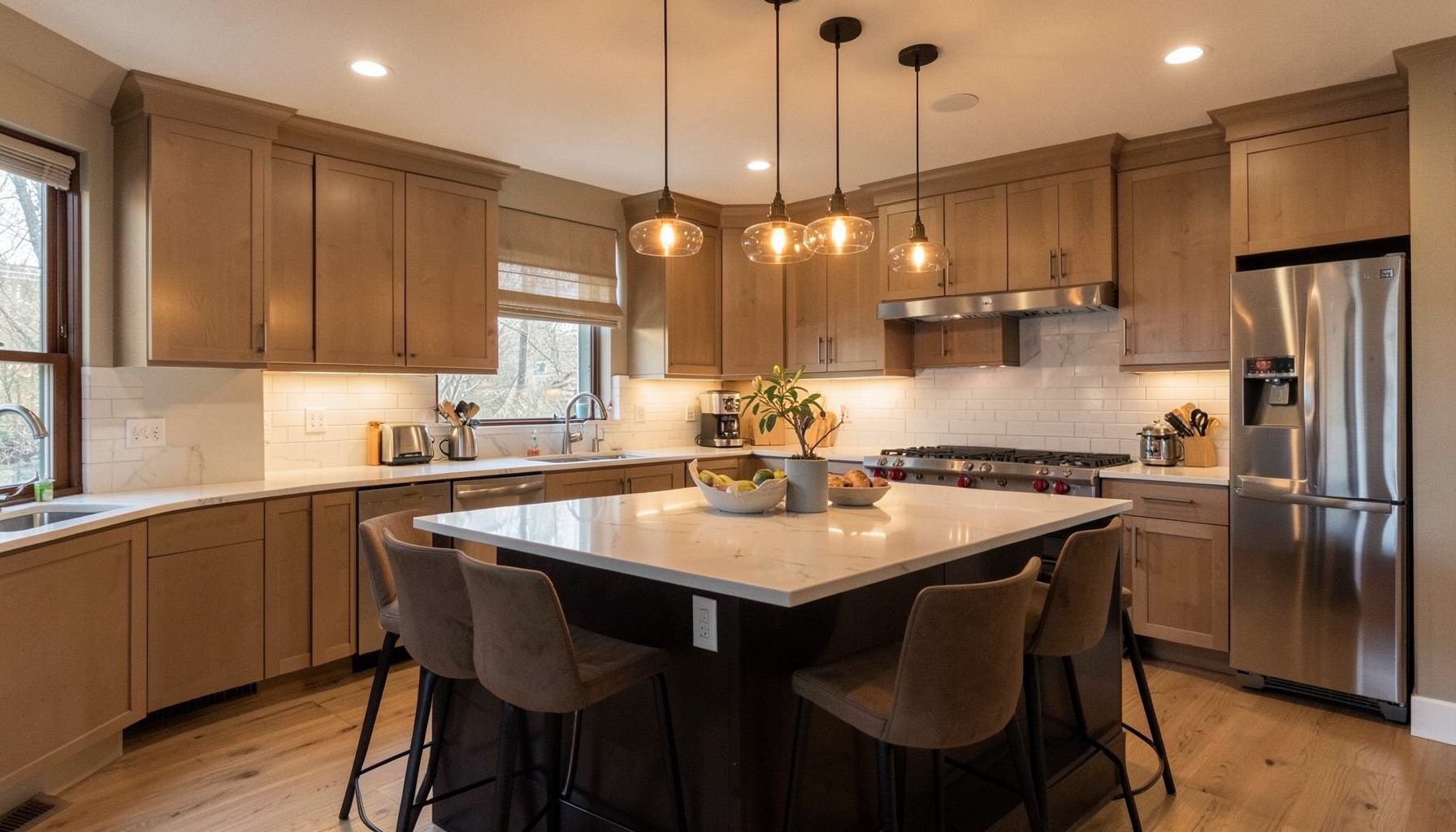 A warmly lit kitchen with pendant lights over an island, modern home mood.