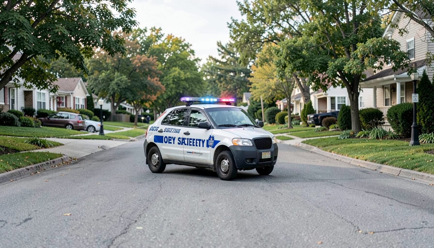 A patrol car on a residential street, neighborhood safety mood.