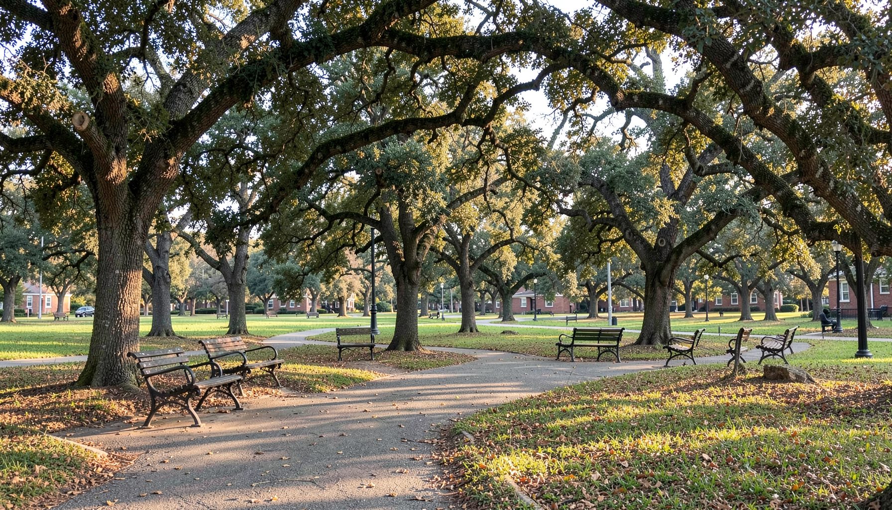 A community park with oak trees and benches, quiet afternoon light.