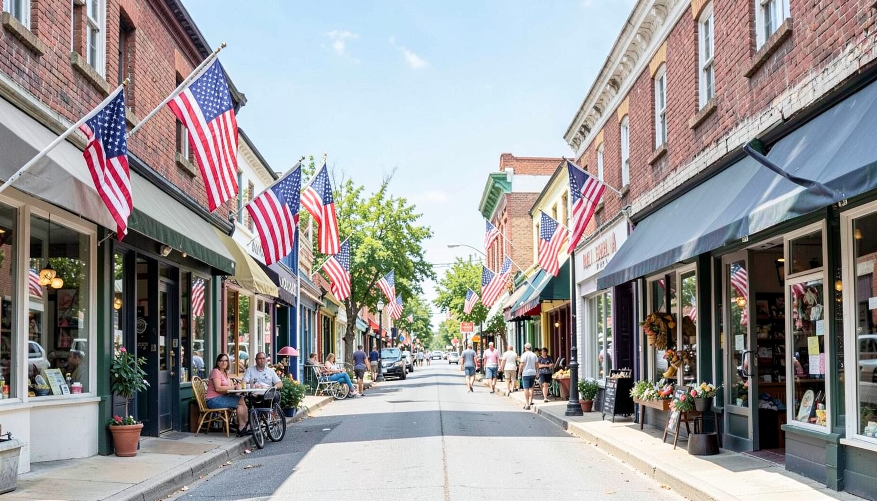 A small-town main street with storefronts and American flags, bright afternoon light, community mood.