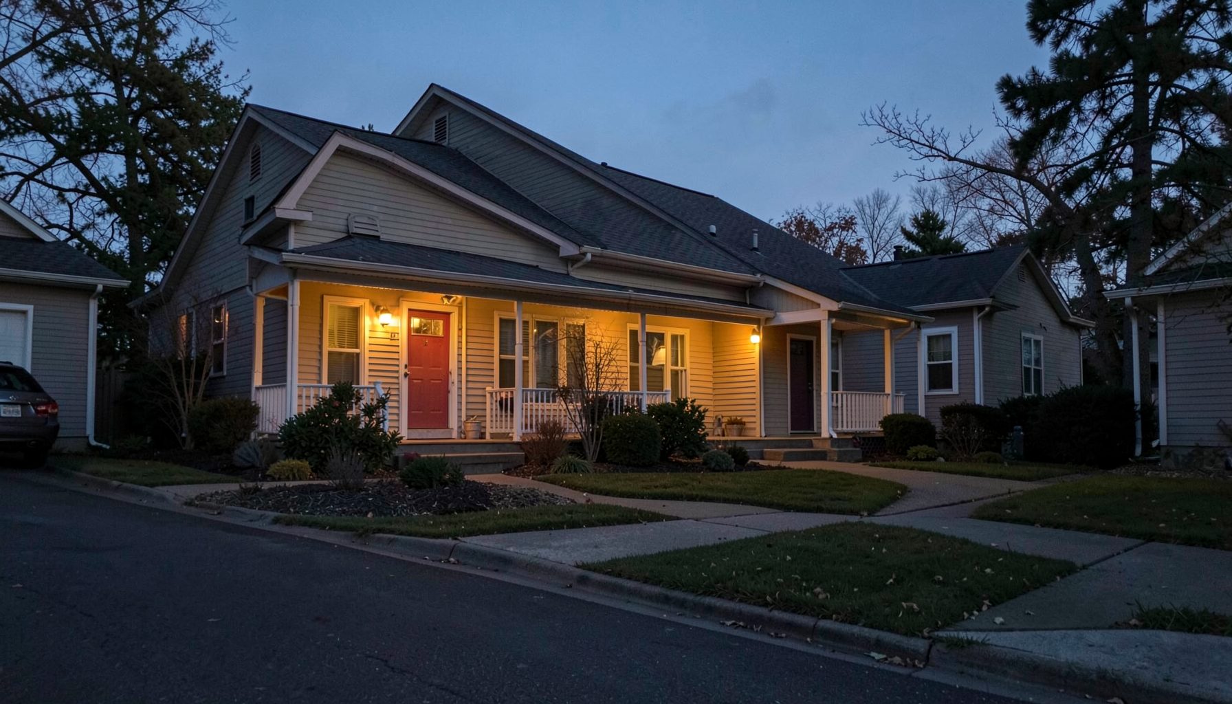 A quiet suburban street at dusk with warm porch lights glowing, calm residential mood.