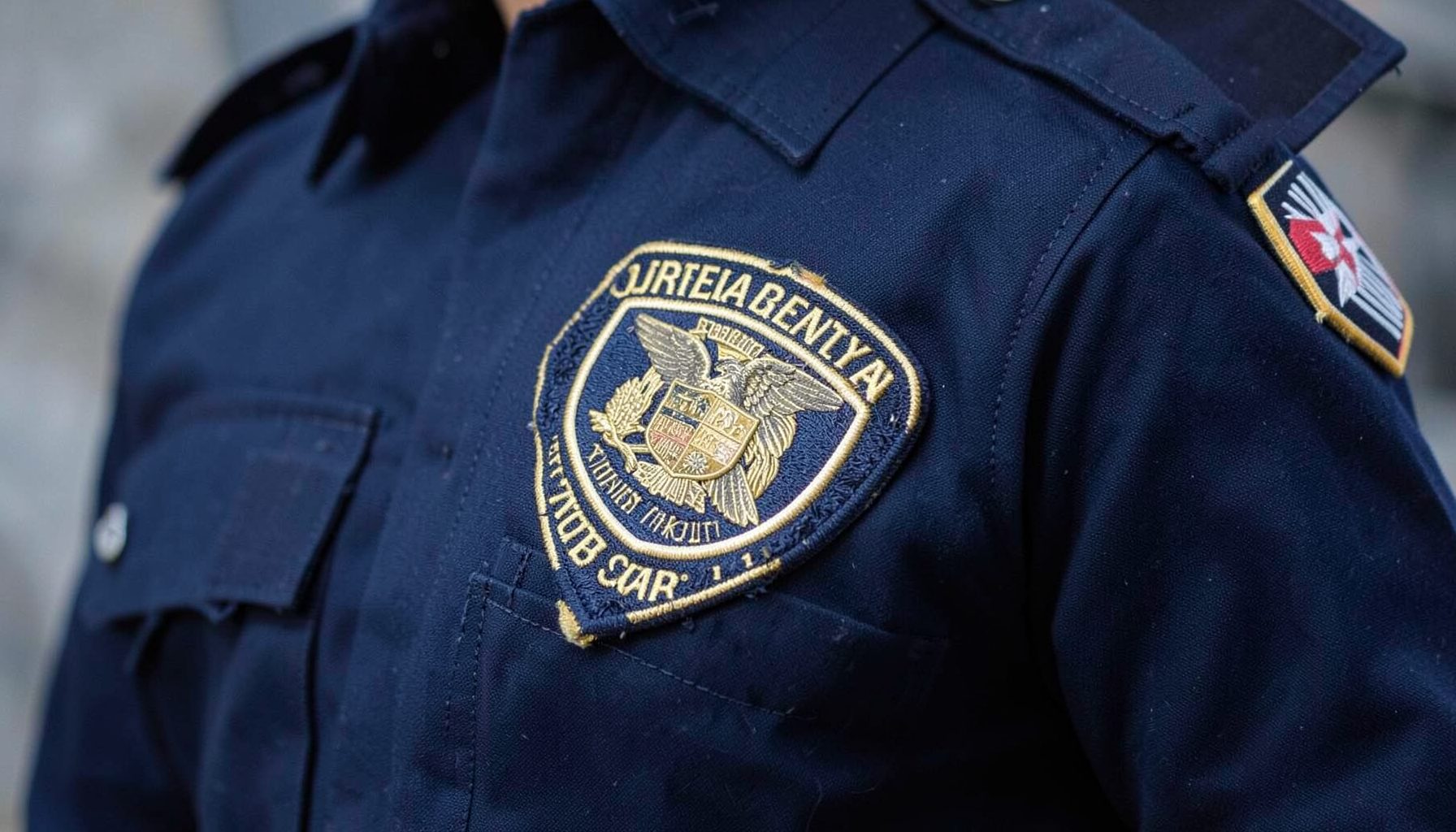 A sheriff's badge on a dark blue uniform, professional law enforcement mood.