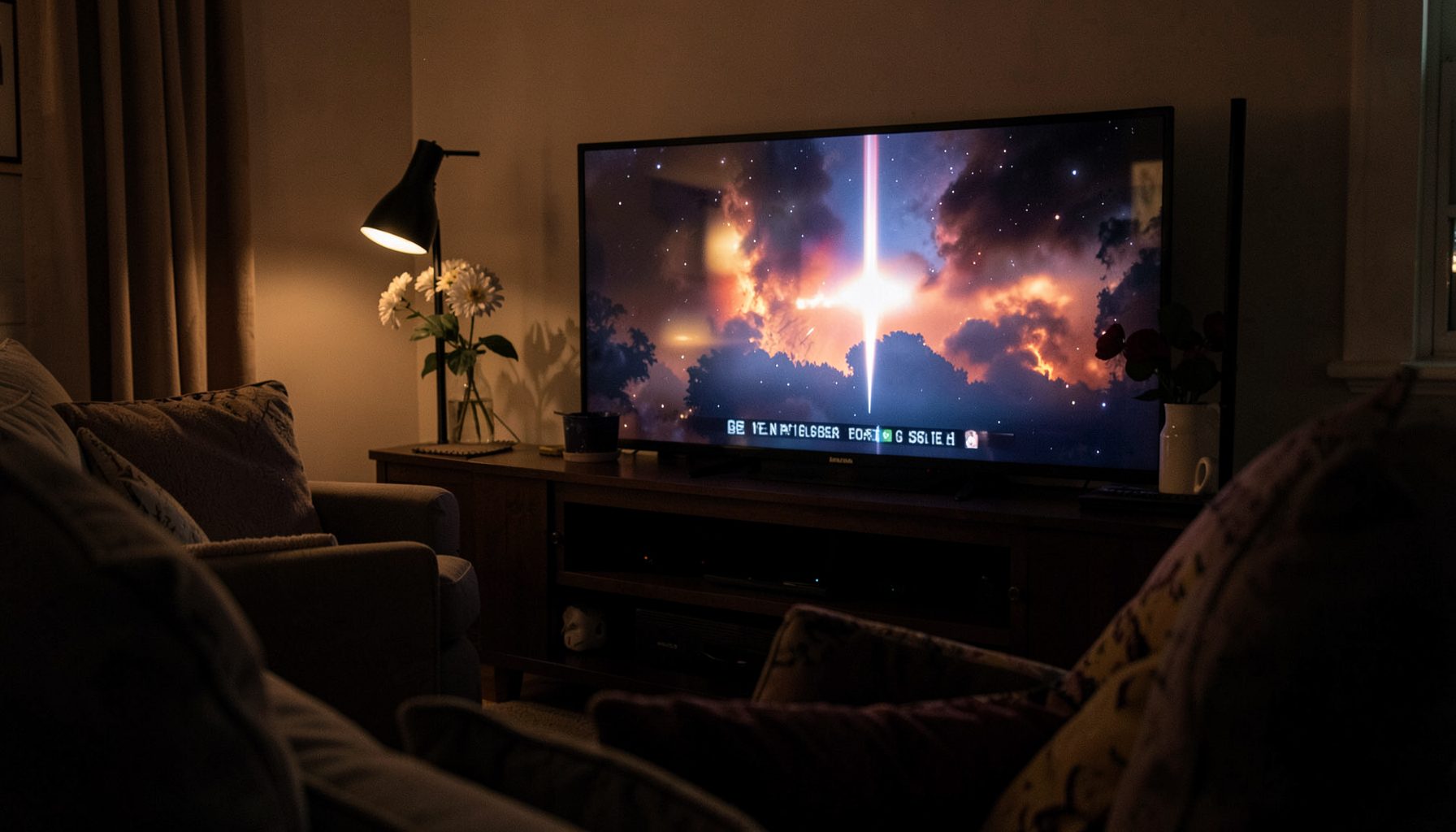 A television screen glowing in a dim living room, cozy evening entertainment mood.