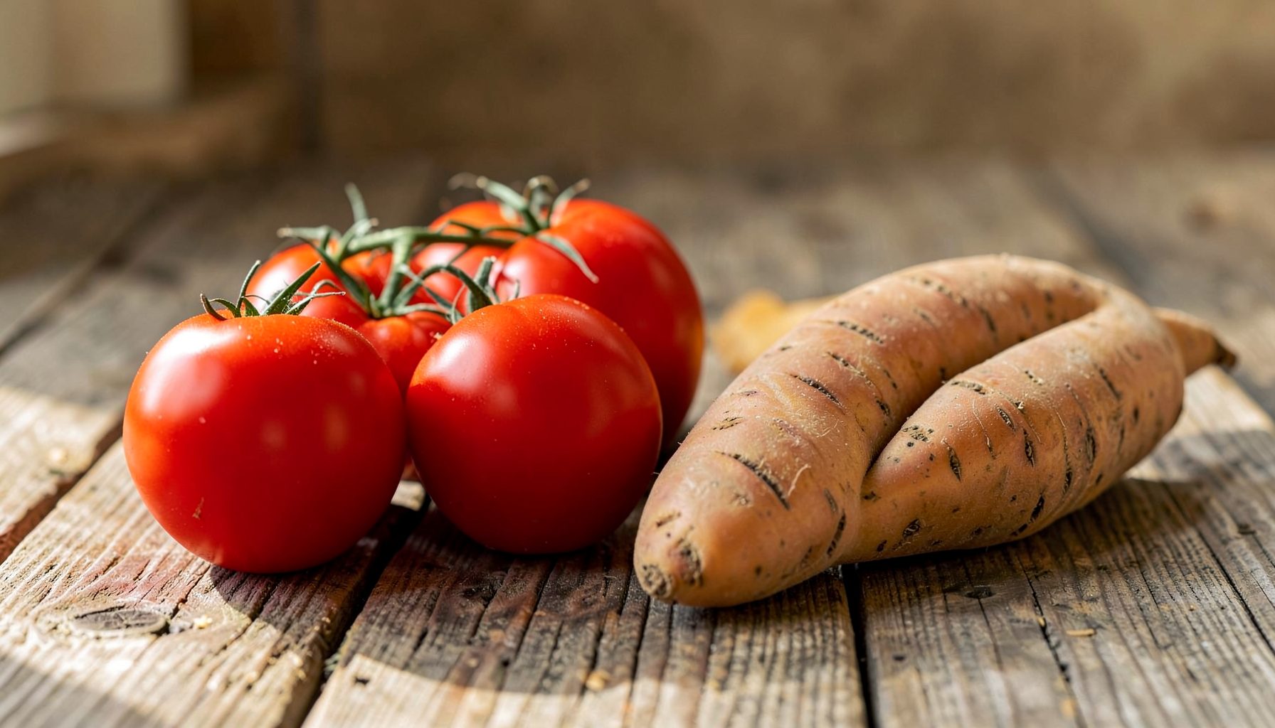 Fresh tomatoes and sweet potatoes on a rustic wooden table, warm natural light, wholesome food mood.